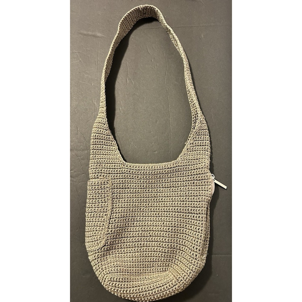 Kaela Taupe Crochet Hobo Shoulder Bag Zip Closure Exterior Pocket Neutral Woven